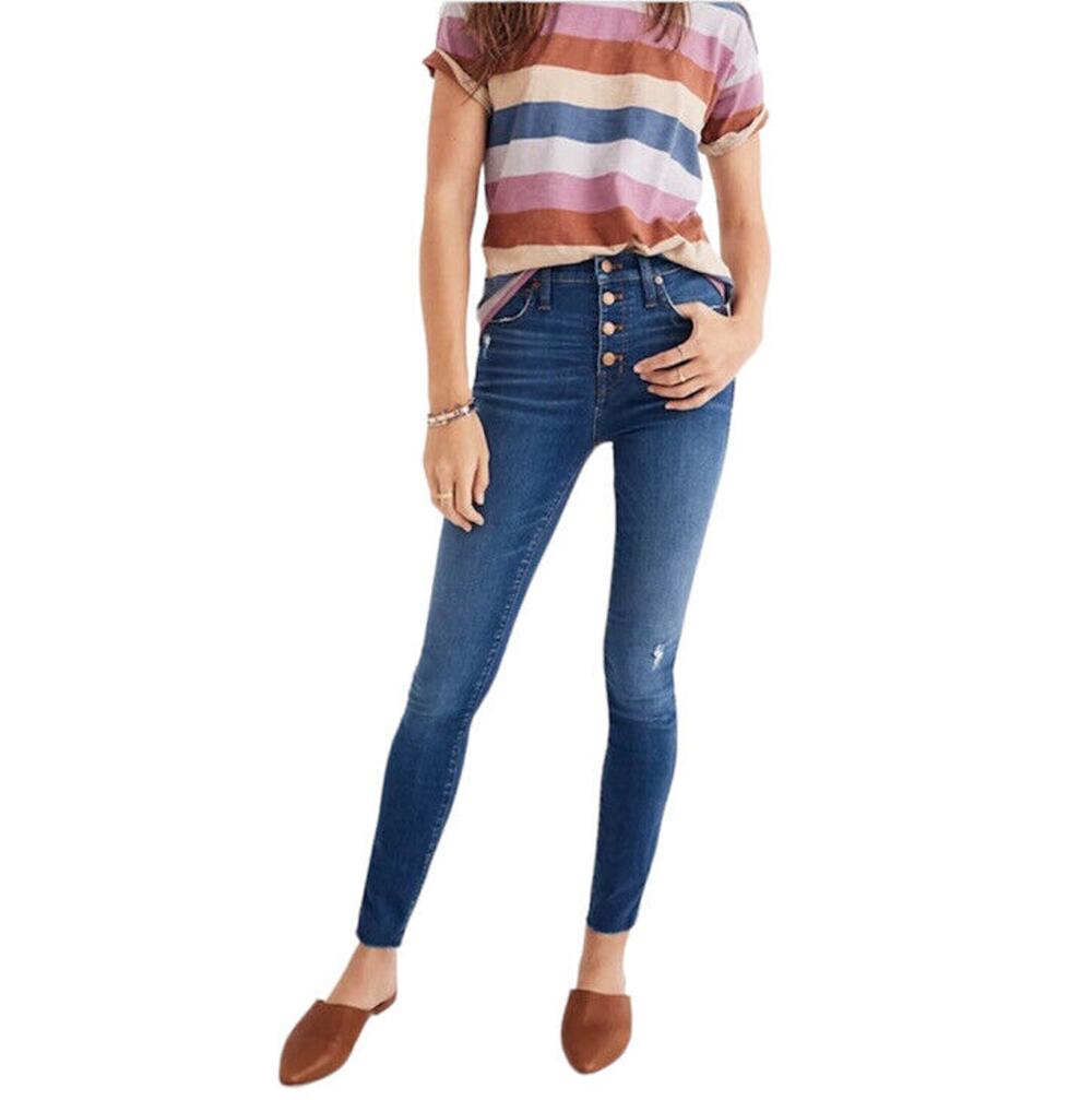 Madewell 10" High Rise Skinny Button Fly Distressed Blue Jeans denim